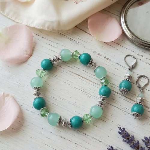 Parure bracelet et boucles d'oreilles perles jade verte