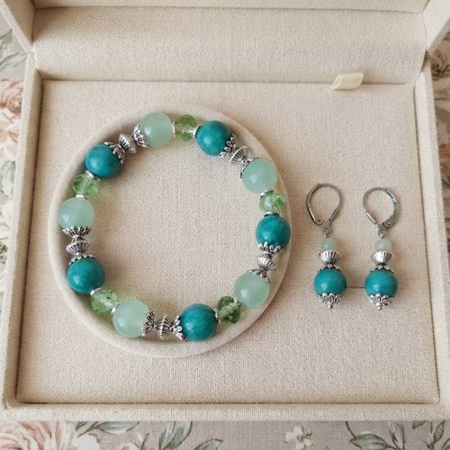Parure bracelet et boucles d'oreilles perles jade verte