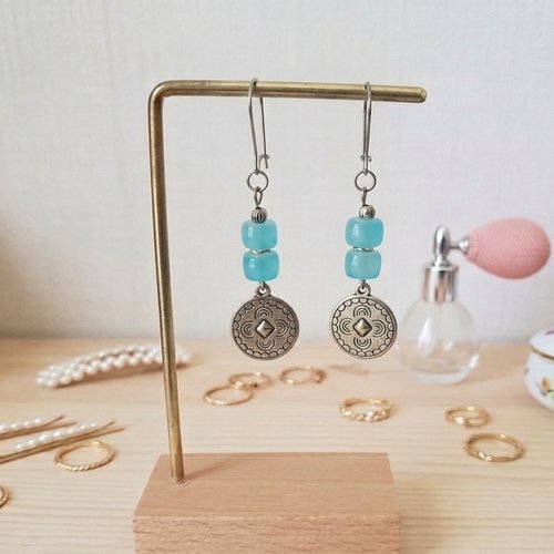 Boucles d'oreilles acier inoxydable, pendentif rond et perles colonnes