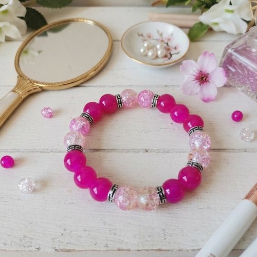 Bracelet perles en verre imitation jade fuchsia et rose craquelé