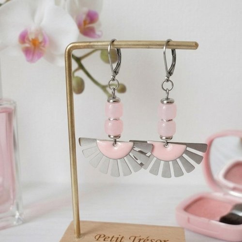 Boucles d'oreilles acier inoxydable et sequin émail rose
