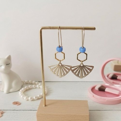 Boucles d'oreilles acier inoxydable doré et pendentif éventail