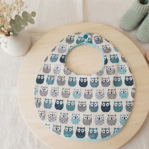 Bavoir bébé coton motif hiboux et éponge bleue