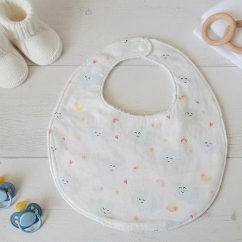Bavoir bébé coton motif nuages et  tissu éponge blanc