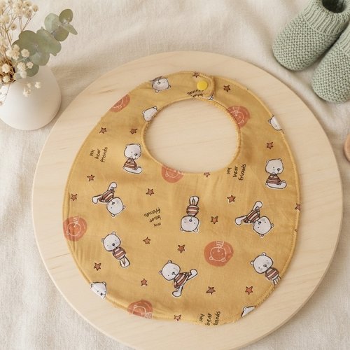 Bavoir bébé coton motifs oursons et éponge moutarde