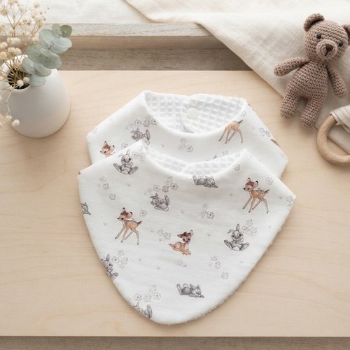 Lot de 2 bavoirs bandana coton blanc bambi et nid d'abeilles