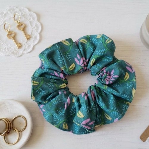 Chouchou coton turquoise motifs fleurs