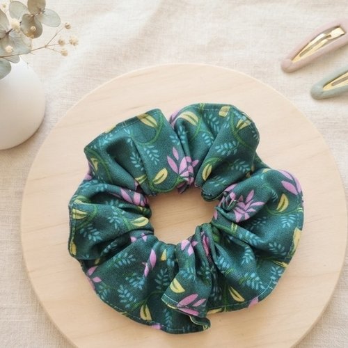Chouchou coton turquoise motifs fleurs