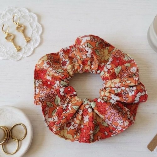 Chouchou coton rouge motifs fleurs