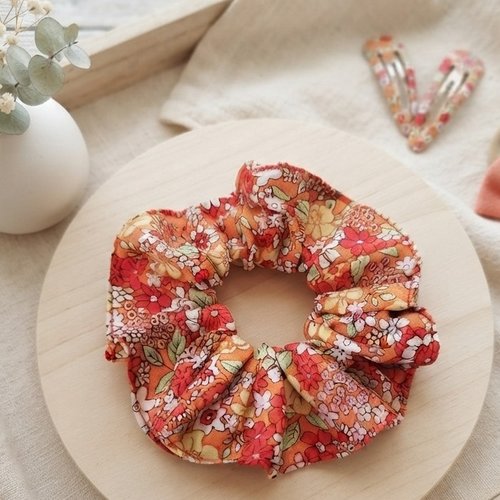 Chouchou coton rouge motifs fleurs