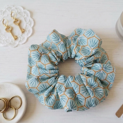 Chouchou coton vert motifs géométriques