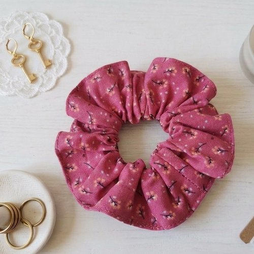 Chouchou coton fuchsia motifs fleurs