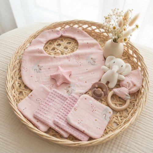 Coffret naissance bavoir, lingettes, hochet et savon artisanal rose