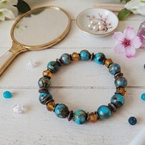 Bracelet perles en verre bleu et ambre