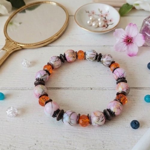 Bracelet perles en verre rose et orange