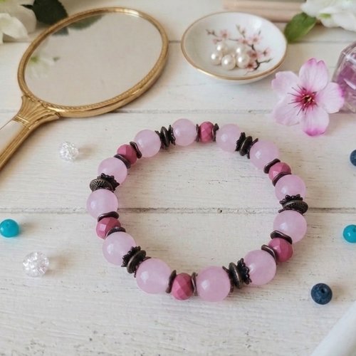 Bracelet perles en verre rose et framboise