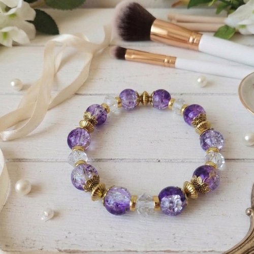 Bracelet perles en verre violet et cristal