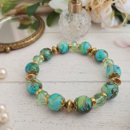 Bracelet perles en verre vert et vert clair