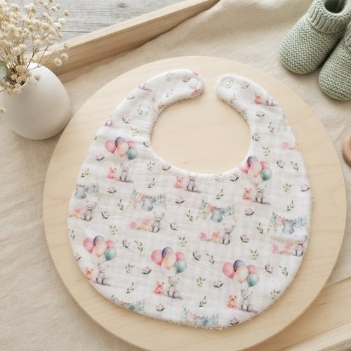 Bavoir bébé coton blanc motifs animaux et éponge blanche