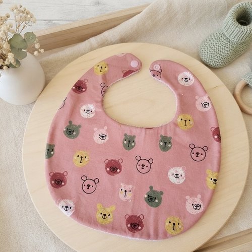 Bavoir bébé coton rose motifs animaux et éponge rose