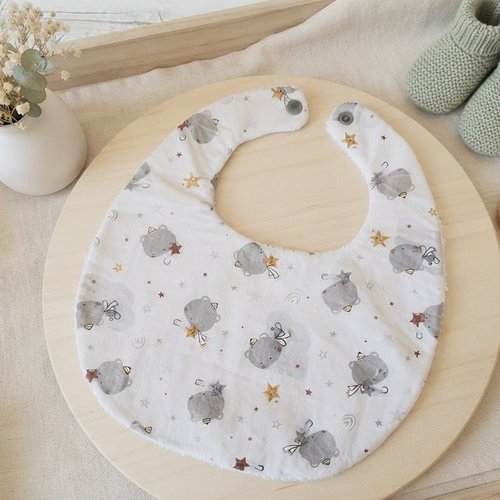 Bavoir bébé coton blanc motifs animaux et éponge blanche