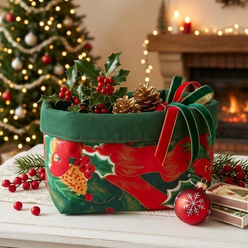 Panier tissu motif noël vert et rouge