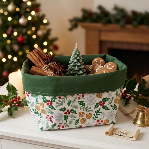 Lot de 2 petits paniers tissus motif houx blanc et vert