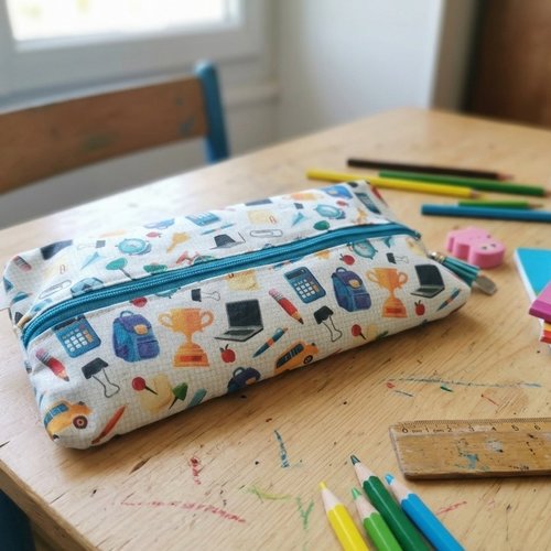 Trousse plate écolier motifs fournitures scolaires