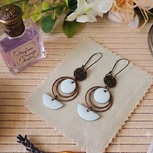Boucles d'oreilles anneaux cuivre rouge et sequins émail