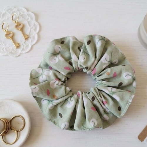 Chouchou coton vert motifs fleurs