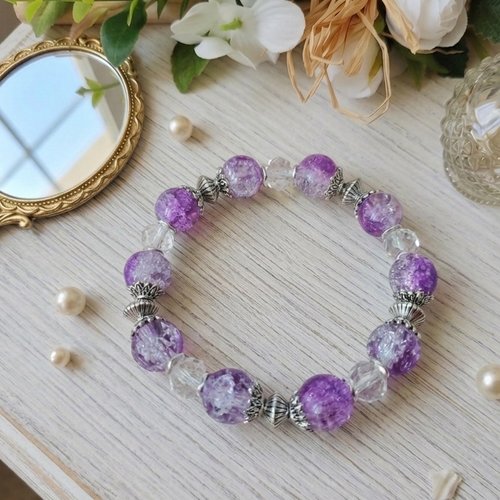Bracelet perles en verre violette et cristal