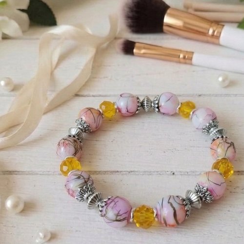 Bracelet perles en verre rose tréfilé et jaune