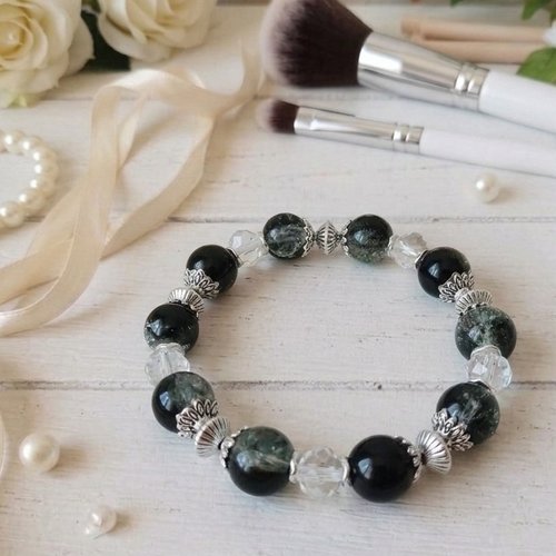 Bracelet perles en verre noire et cristal