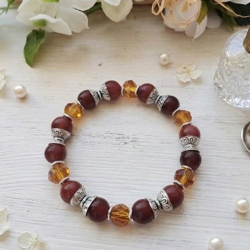 Bracelet perles en verre marron et ambre