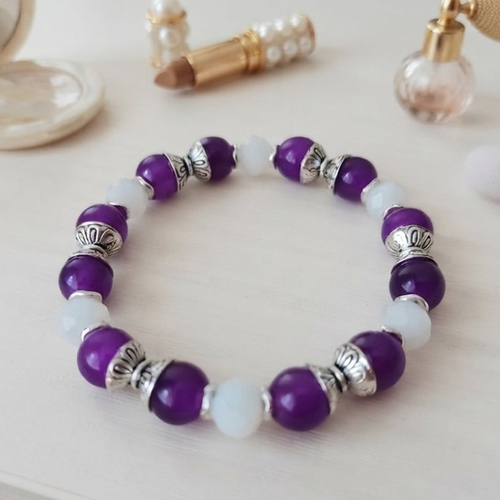 Bracelet perles en verre violet et blanc