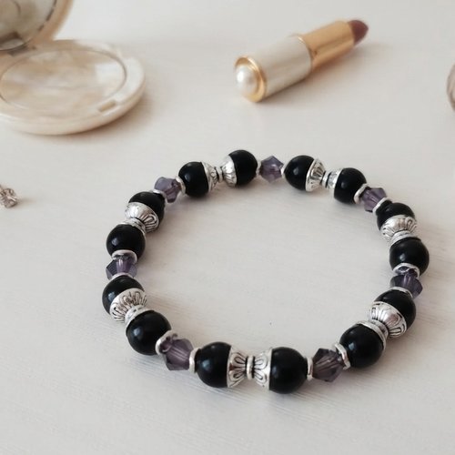 Bracelet perles en verre noire et grise