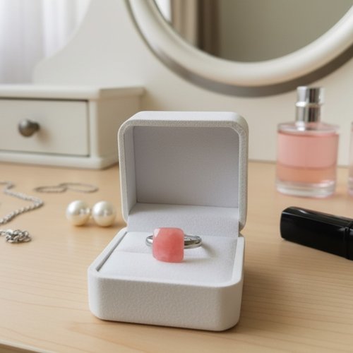 Bague anneaux acier inoxydable et cabochon résine carré saumon