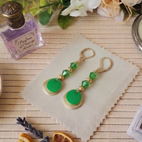 Boucles d'oreilles acier inoxydable doré et sequin émail vert