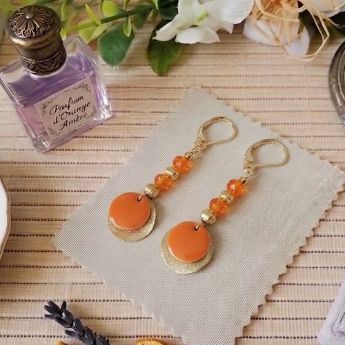 Boucles d'oreilles acier inoxydable doré et sequin émail orange