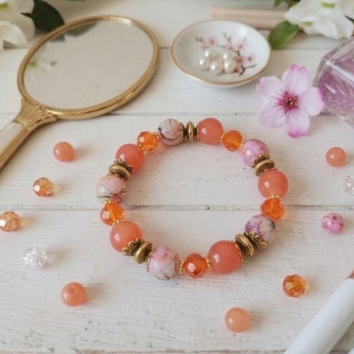 Bracelet fil élastique perles en verre orange et tréfilé