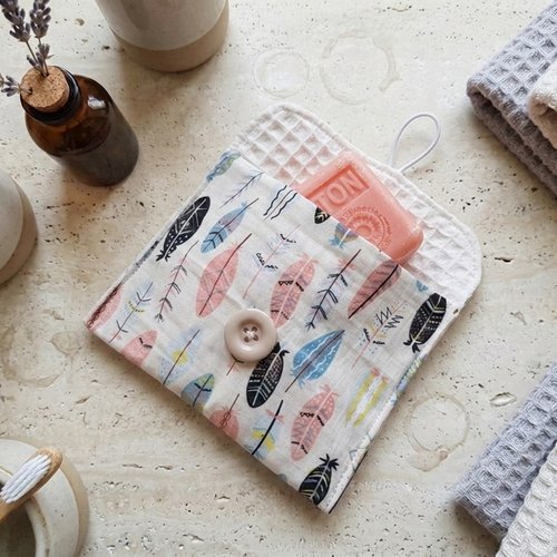 Pochette à savon tissus coton imprimé et nid d'abeilles beige