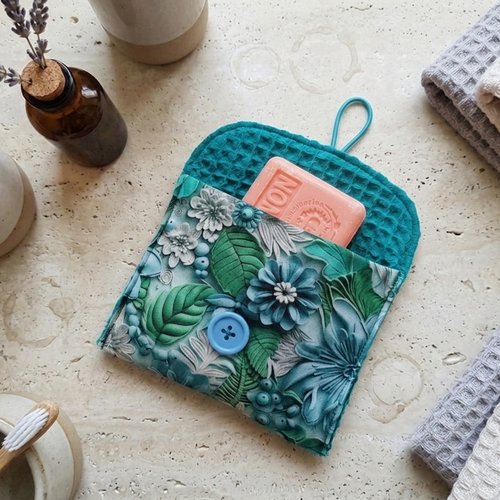 Pochette à savon tissus coton imprimé et nid d'abeilles turquoise