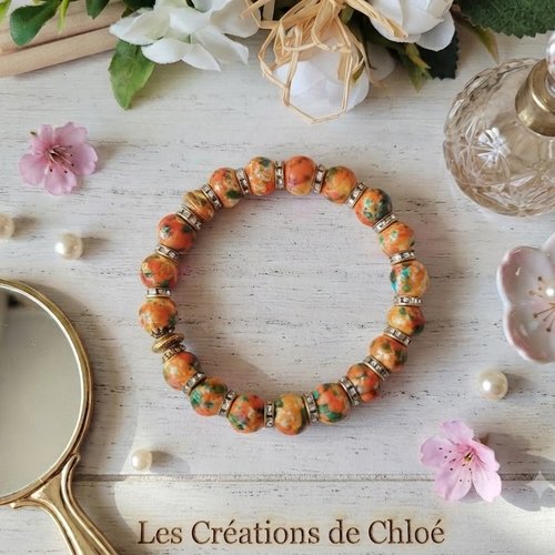 Bracelet perles en verre orange et strass
