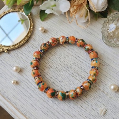 Bracelet perles en verre orange et strass
