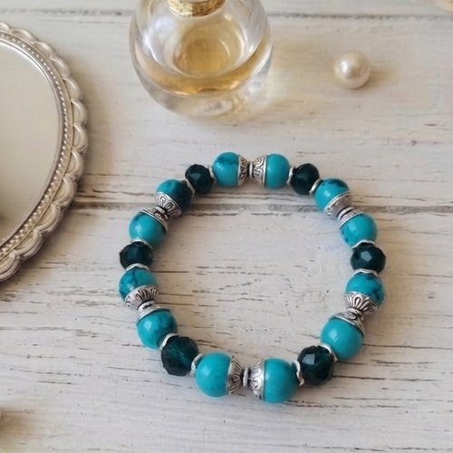 Bracelet perles en verre bleu tréfilé et turquoise
