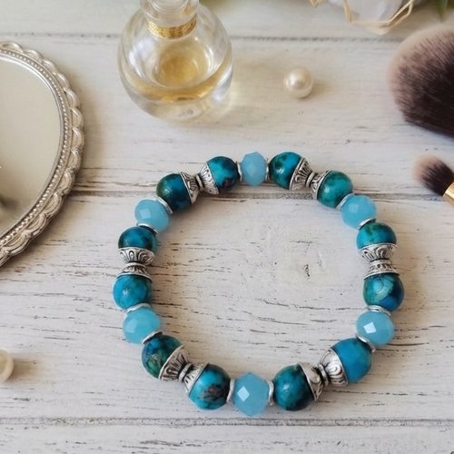 Bracelet perles en verre bleu tréfilé et bleu ciel