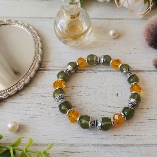 Bracelet perles en verre vert olive et orange