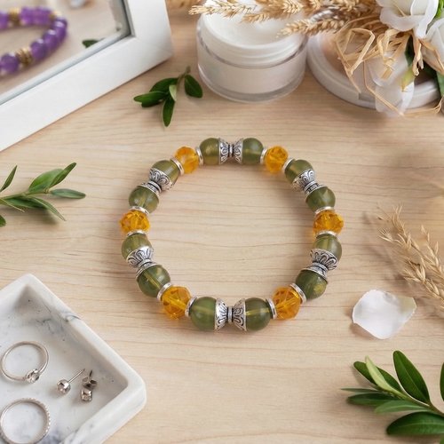 Bracelet perles en verre vert olive et orange