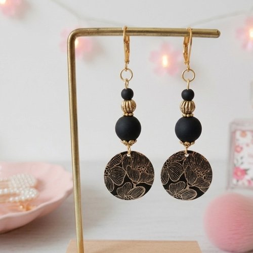 Boucles d'oreilles acier inoxydable doré et pendentif imprimé