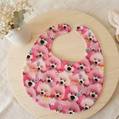 Bavoir bébé coton imprimé 3d motif caniches et éponge rose